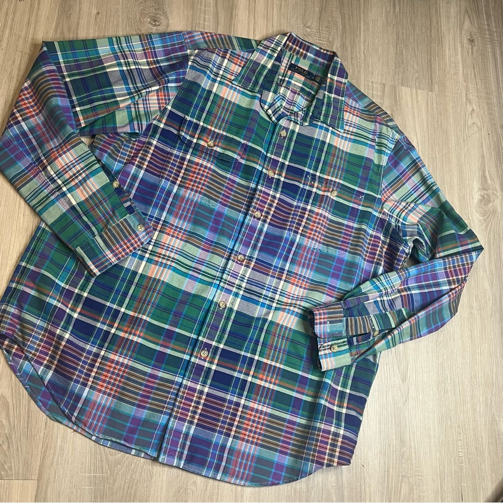 Polo Ralph Lauren Men’s  Blue Green Checkered Plaid Long Sleeve Shirt Sz XL‎